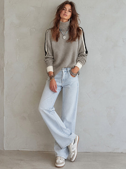 Vintage Contrast Striped Sleeves And Ribbed Cuffs Turtleneck Pullover Sweater