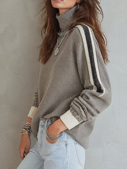 Vintage Contrast Striped Sleeves And Ribbed Cuffs Turtleneck Pullover Sweater