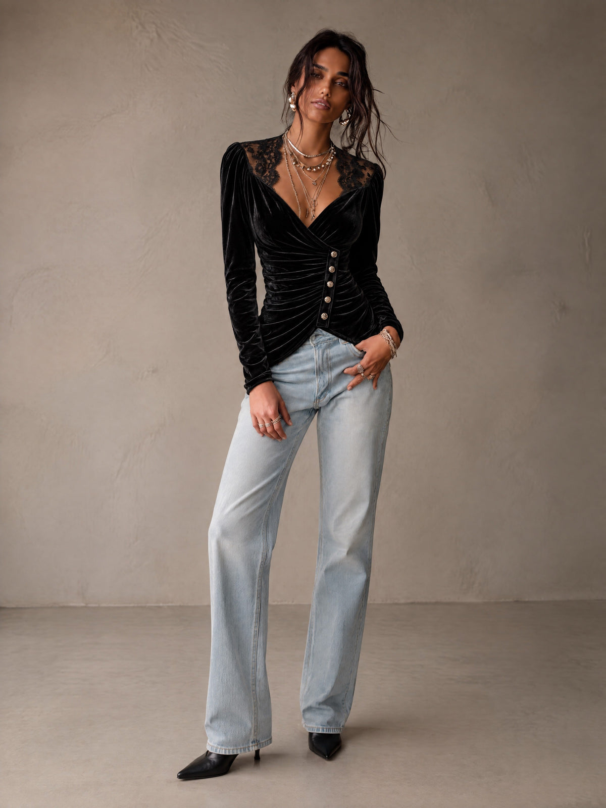 Black Velvet Lace-Shoulder Wrap Long Sleeve Top