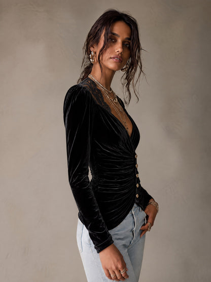 Black Velvet Lace-Shoulder Wrap Long Sleeve Top