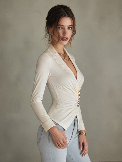 Ivory Lace-Trim Plunge V-Neck Long Sleeve Top with Gold Button Ruched Wrap Front