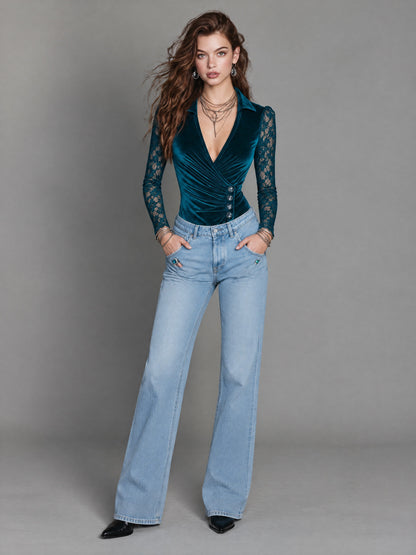 Vintage Teal Velvet Wrap-style Pleats Lace Sleeve V-Neck Blouse