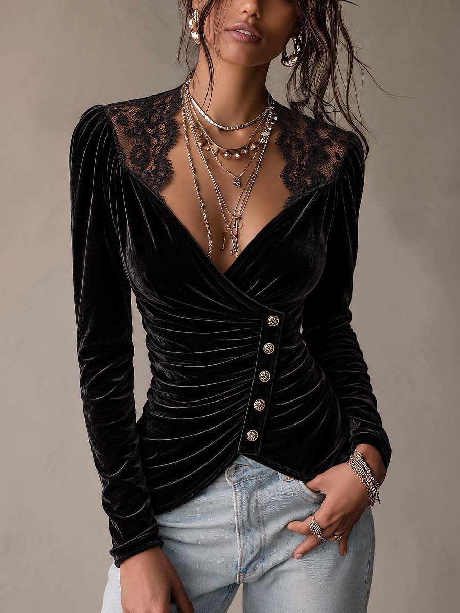 Black Velvet Lace-Shoulder Wrap Long Sleeve Top