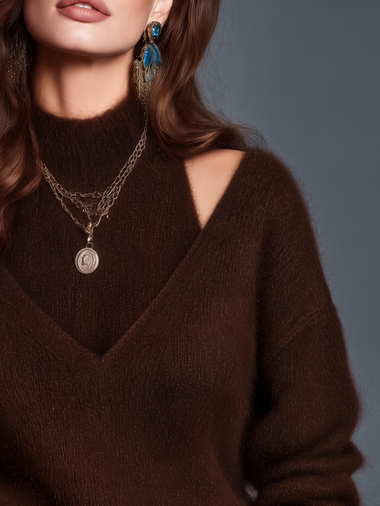 Elegant Dark Chocolate Brown Cutout Shoulder V-Neck Knit Sweater