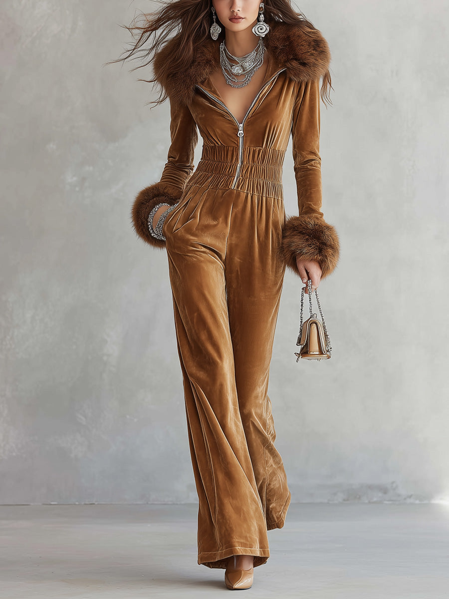 Vintage Fur-Trim Collar And Cuffs Velvet Wide-Leg Jumpsuit