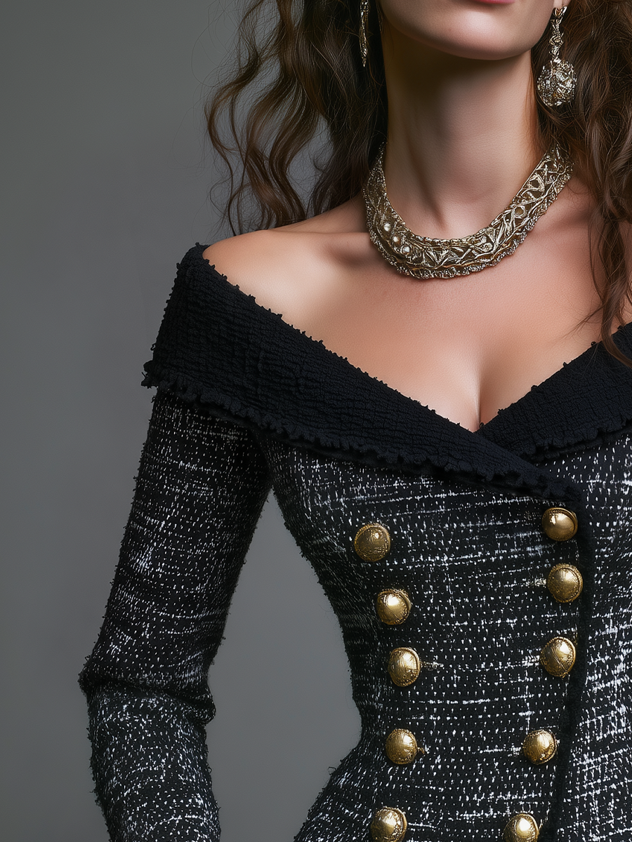 Elegant Black White Tweed Off Shoulder Double Breasted Jacket