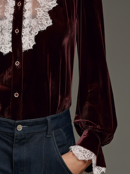 Romantic Burgundy Velvet Lace Panel Button Front Blouse