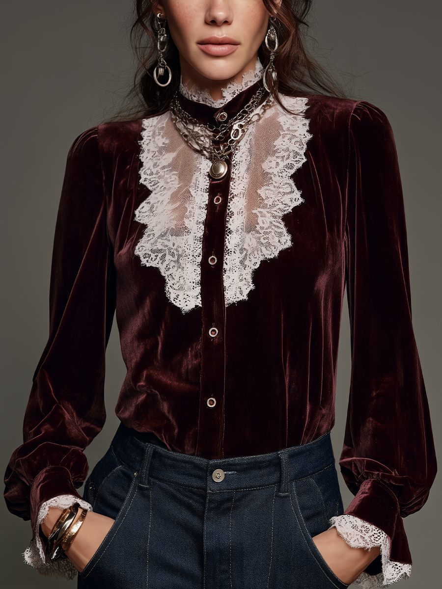 Romantic Burgundy Velvet Lace Panel Button Front Blouse
