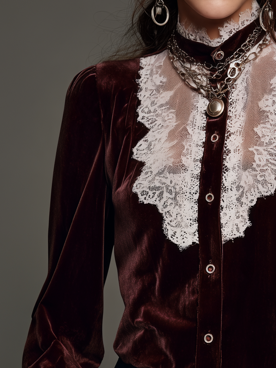 Romantic Burgundy Velvet Lace Panel Button Front Blouse