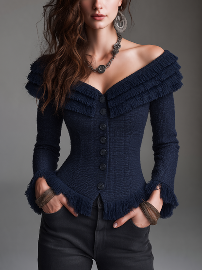 Elegant Navy Blue Off Shoulder Fringe Trim Knit Top