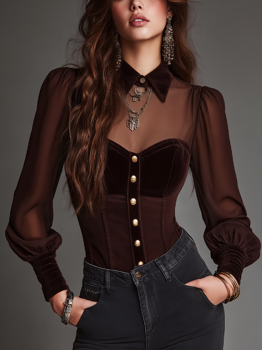 Vintage Dark Brown Velvet Corset Panel Sheer Sleeve Blouse