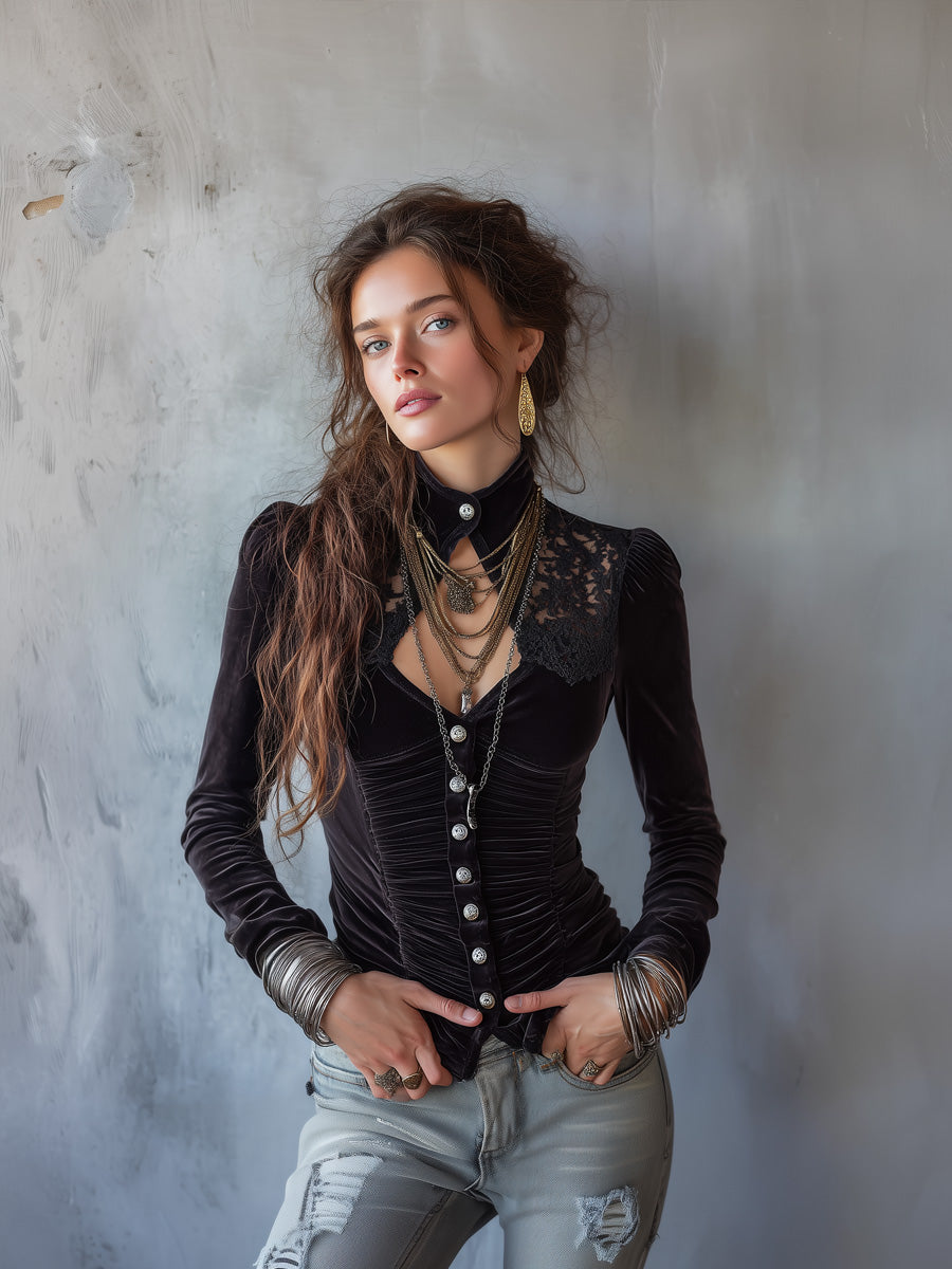 Vintage Velvet Lace-Yoke Asymmetry Zip-Front Long-Sleeve Blouse