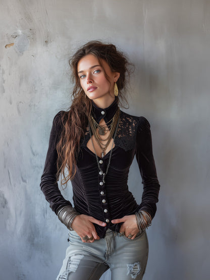 Vintage Velvet Lace-Yoke Asymmetry Zip-Front Long-Sleeve Blouse