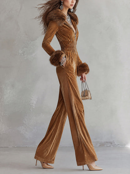 Vintage Fur-Trim Collar And Cuffs Velvet Wide-Leg Jumpsuit