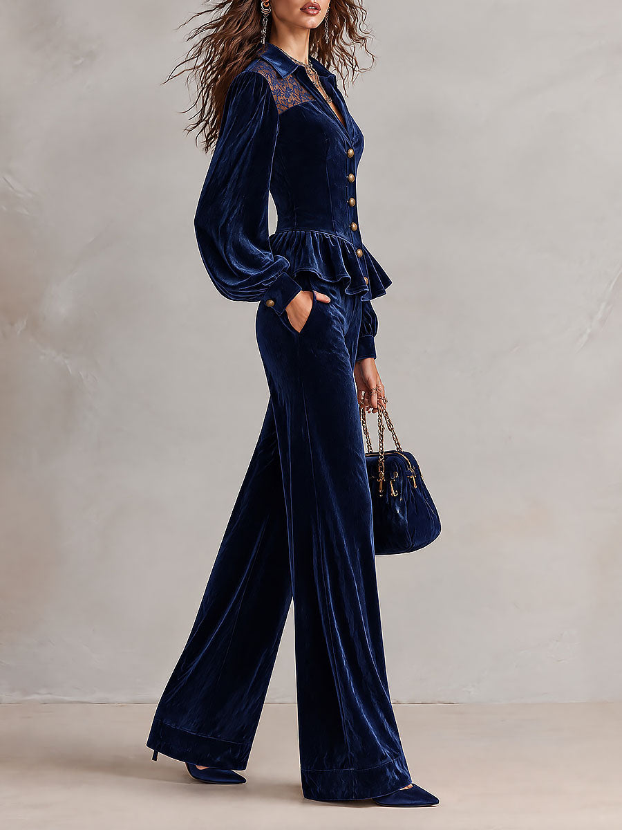 Navy Velvet Lace-Yoke Button-Front Peplum Blouse & Wide-leg Pants Set