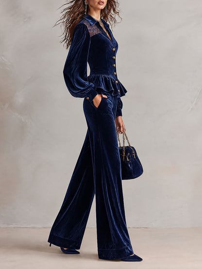 Navy Velvet Lace-Yoke Button-Front Peplum Blouse & Wide-leg Pants Set
