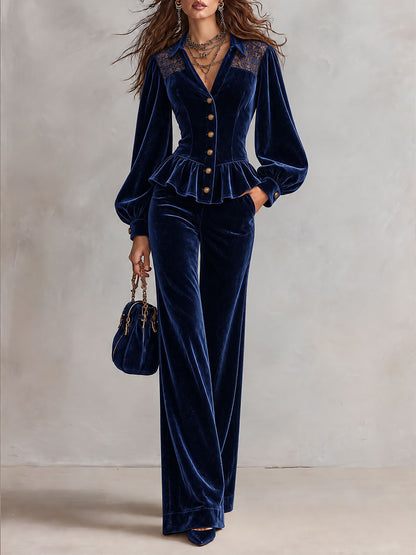 Navy Velvet Lace-Yoke Button-Front Peplum Blouse & Wide-leg Pants Set