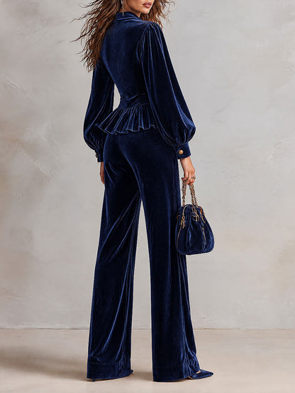 Navy Velvet Lace-Yoke Button-Front Peplum Blouse & Wide-leg Pants Set