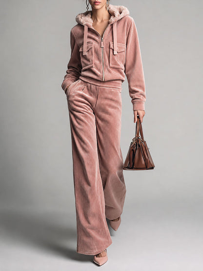 Dusty Pink Corduroy Zip-Up Faux Fur Trim Hoodie & Wide-leg Pants Set