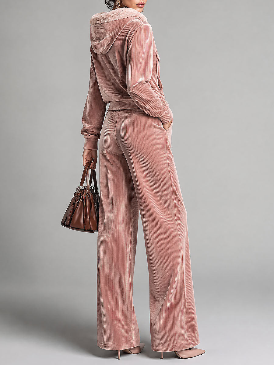 Dusty Pink Corduroy Zip-Up Faux Fur Trim Hoodie & Wide-leg Pants Set