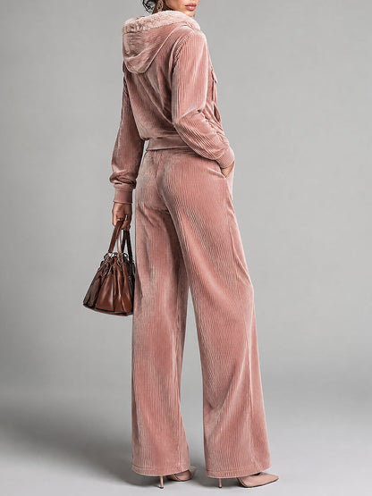 Dusty Pink Corduroy Zip-Up Faux Fur Trim Hoodie & Wide-leg Pants Set