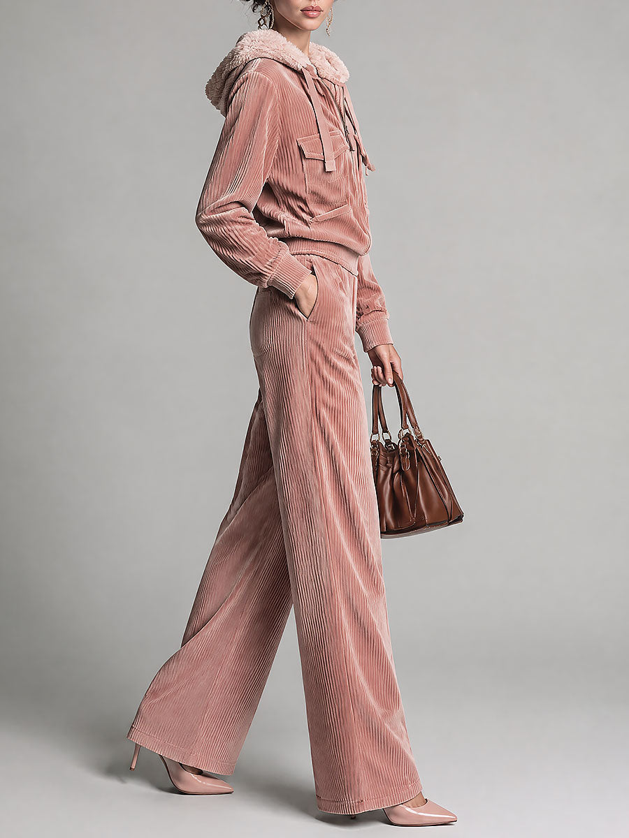 Dusty Pink Corduroy Zip-Up Faux Fur Trim Hoodie & Wide-leg Pants Set