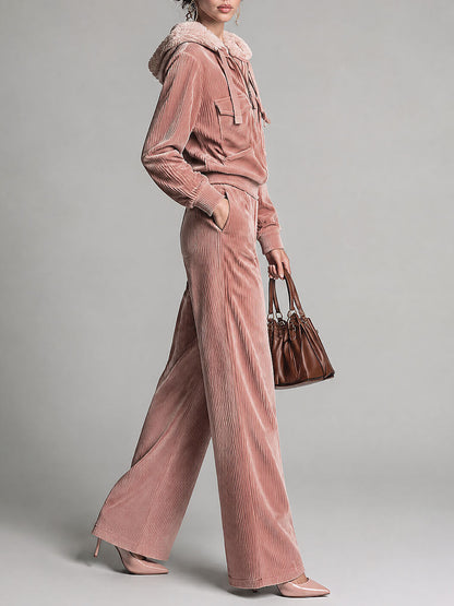 Dusty Pink Corduroy Zip-Up Faux Fur Trim Hoodie & Wide-leg Pants Set