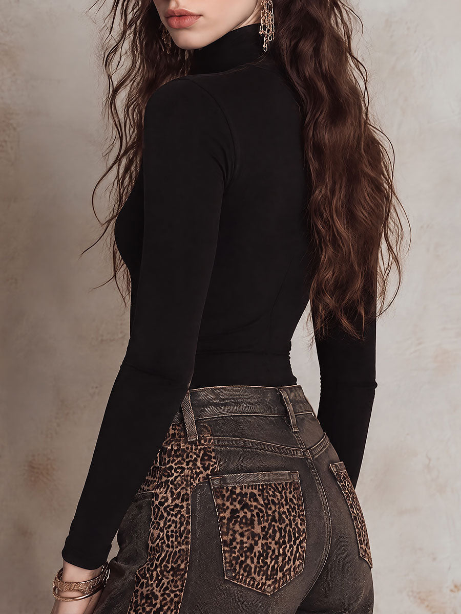 Stylish Black Cut-out Long Sleeve Turtleneck T-shirt with Leopard Print Front