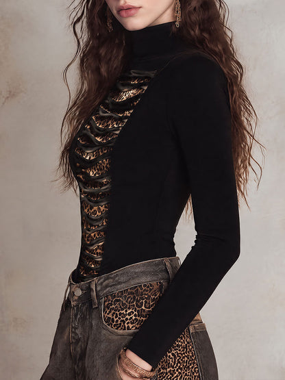 Stylish Black Cut-out Long Sleeve Turtleneck T-shirt with Leopard Print Front