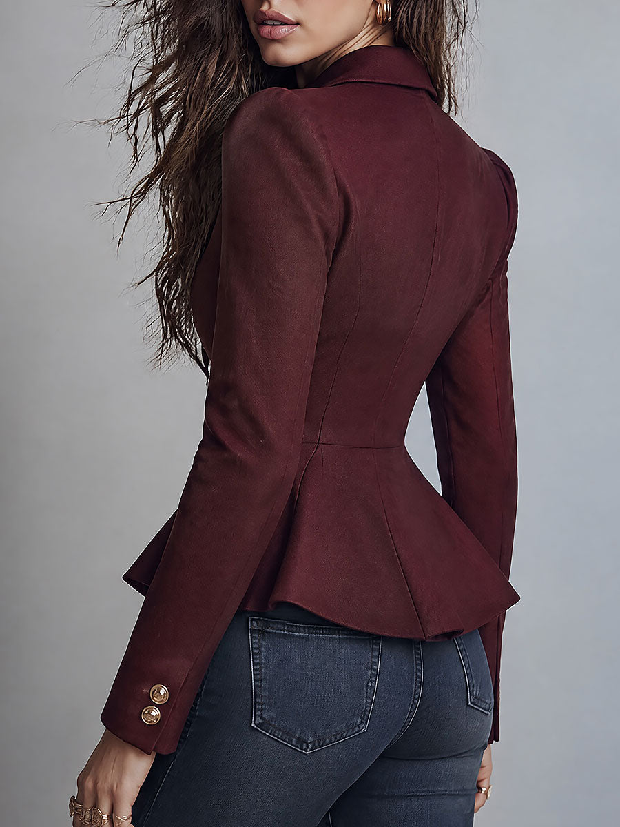 Women's Burgundy Asymmetric-placket Peplum Blazer with Wide Lapel