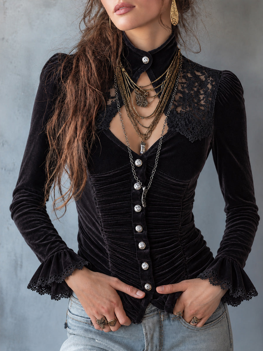 Ruched Lace-Panel Button-Front Long Sleeve Velvet Blouse
