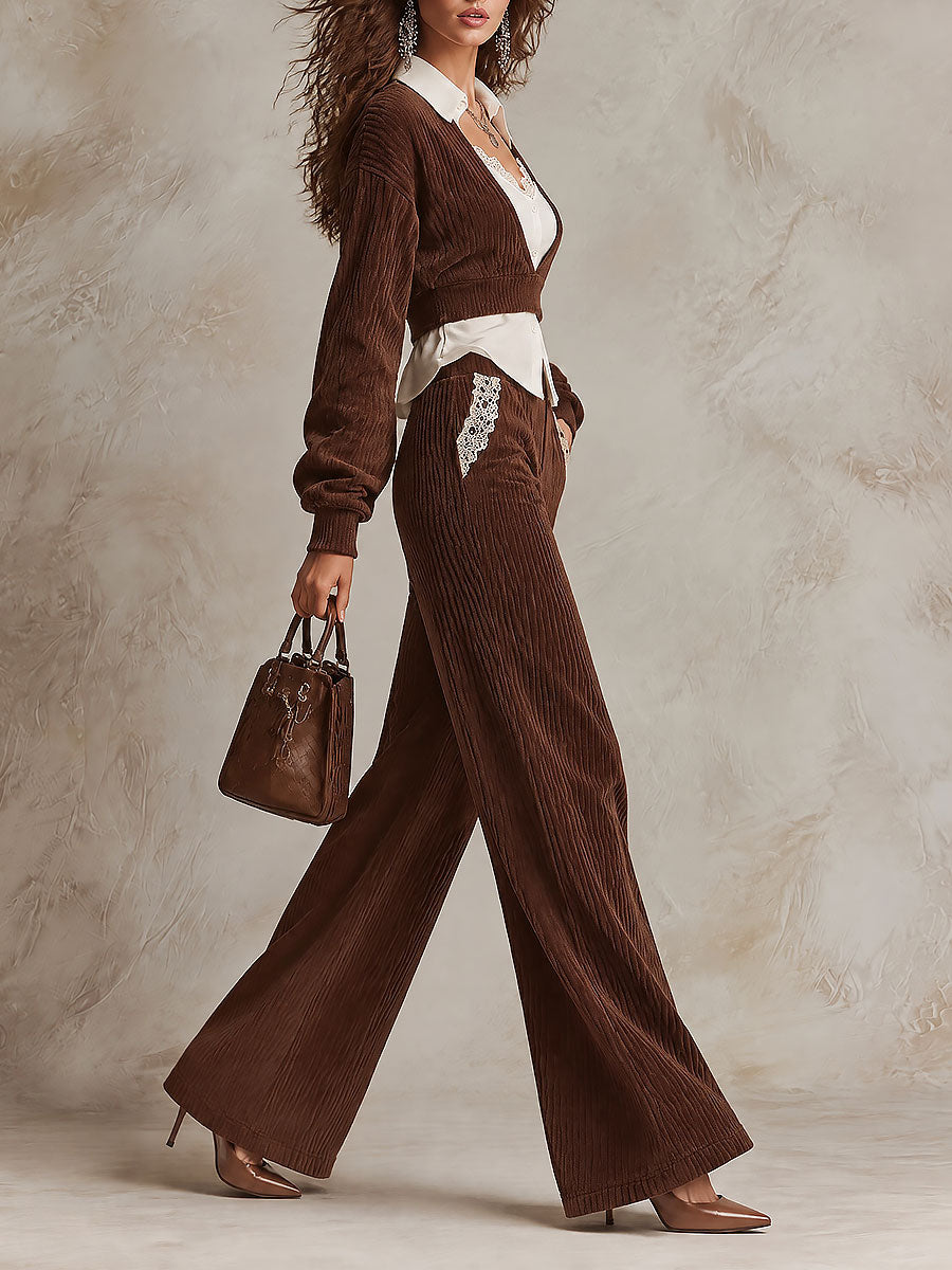 Brown Corduroy Cropped Faux-layered Sweatshirt & Lace Pocket Trim Wide-Leg Pants Set