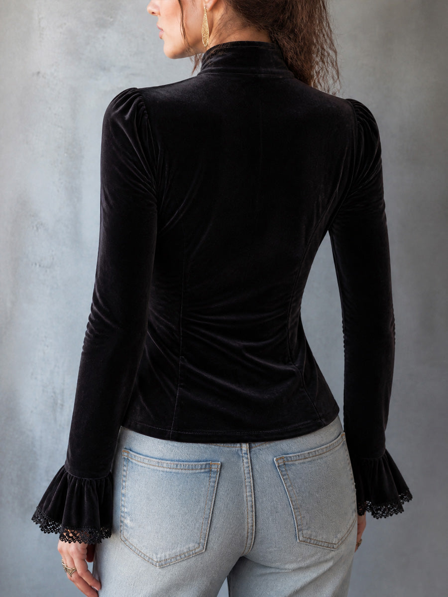 Ruched Lace-Panel Button-Front Long Sleeve Velvet Blouse