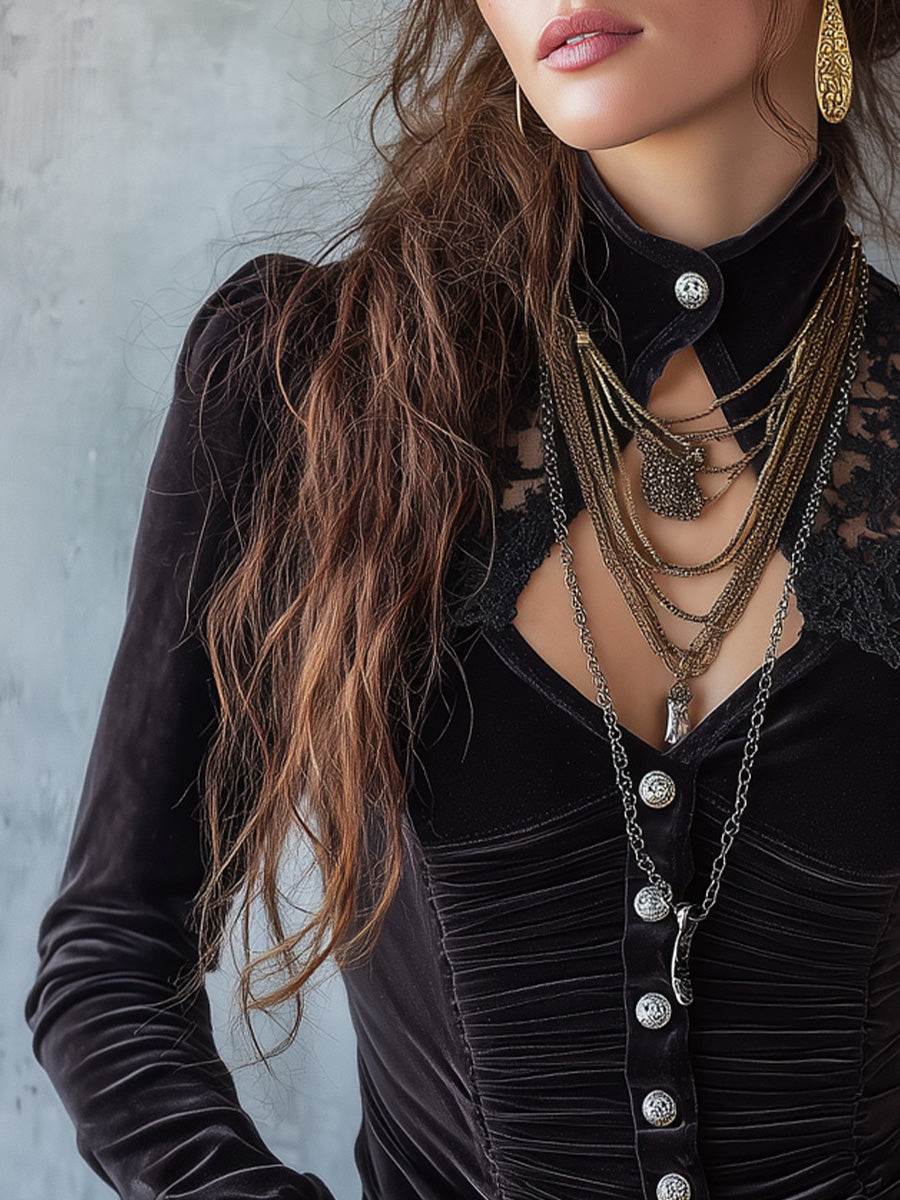 Ruched Lace-Panel Button-Front Long Sleeve Velvet Blouse