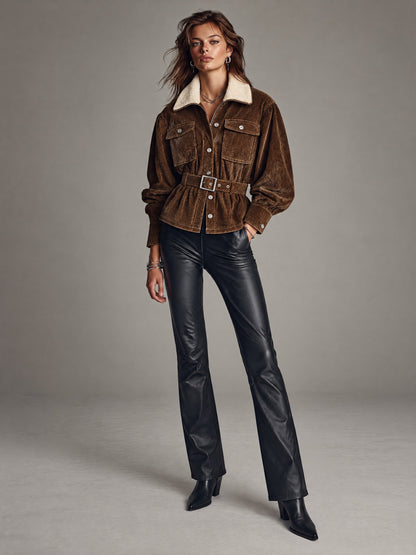 Women's Brown Corduroy Belted Jacket with Sherpa Collar