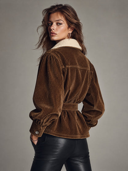 Women's Brown Corduroy Belted Jacket with Sherpa Collar