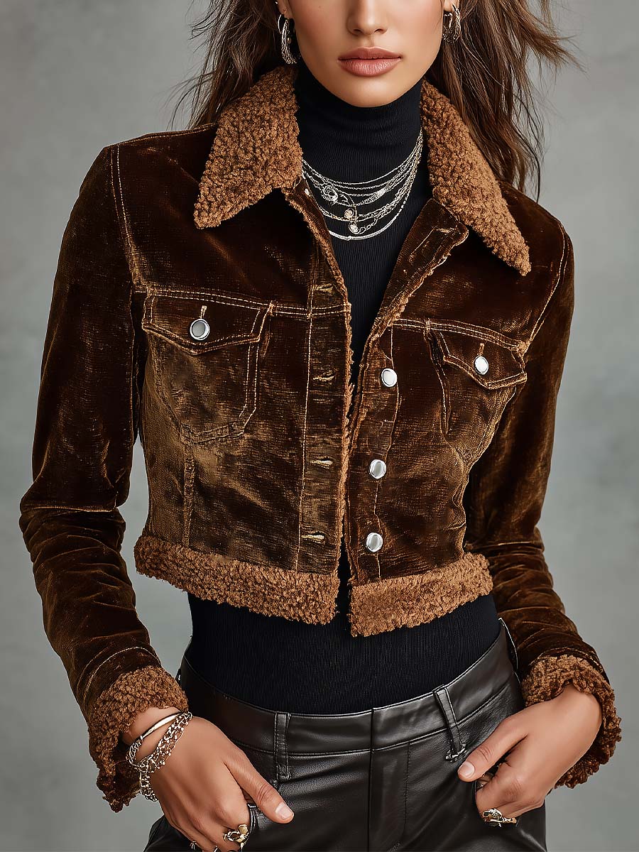 Brown Velvet Cropped Jacket with Fleece Trim Collar