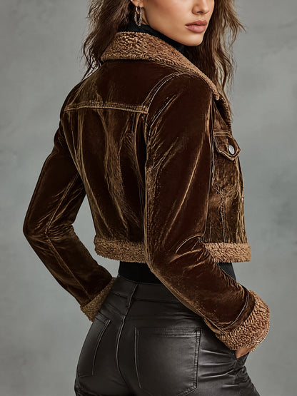 Brown Velvet Cropped Jacket with Fleece Trim Collar