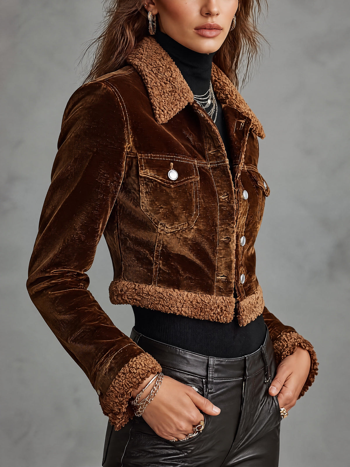 Brown Velvet Cropped Jacket with Fleece Trim Collar