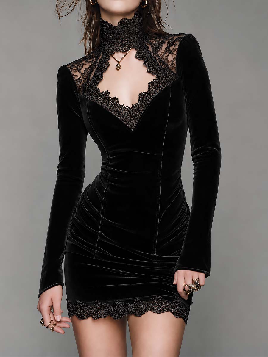 Black Velvet Lace High Neck Long Sleeve Mini Dress