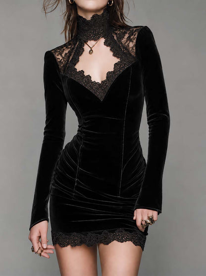 Black Velvet Lace High Neck Long Sleeve Mini Dress