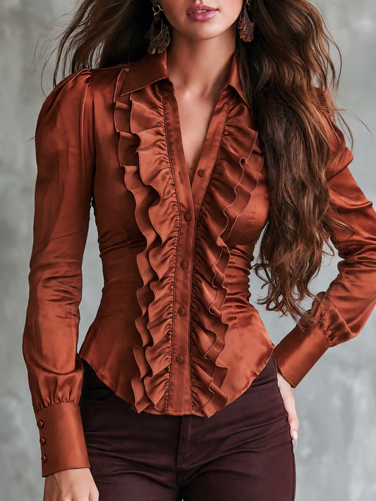 Retro Rust Satin Ruffled Button-Up Blouse