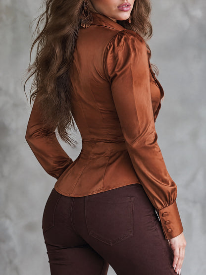 Retro Rust Satin Ruffled Button-Up Blouse