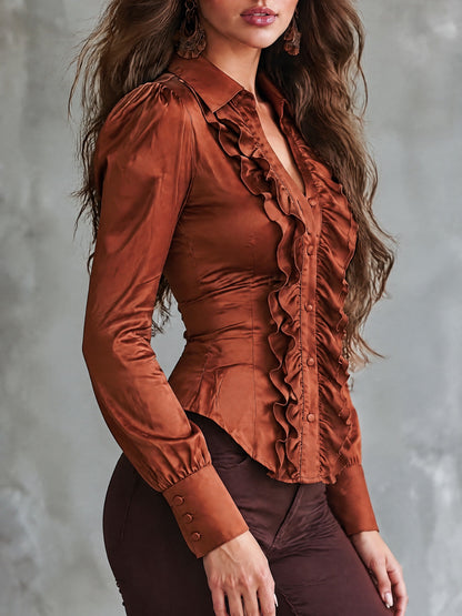 Retro Rust Satin Ruffled Button-Up Blouse
