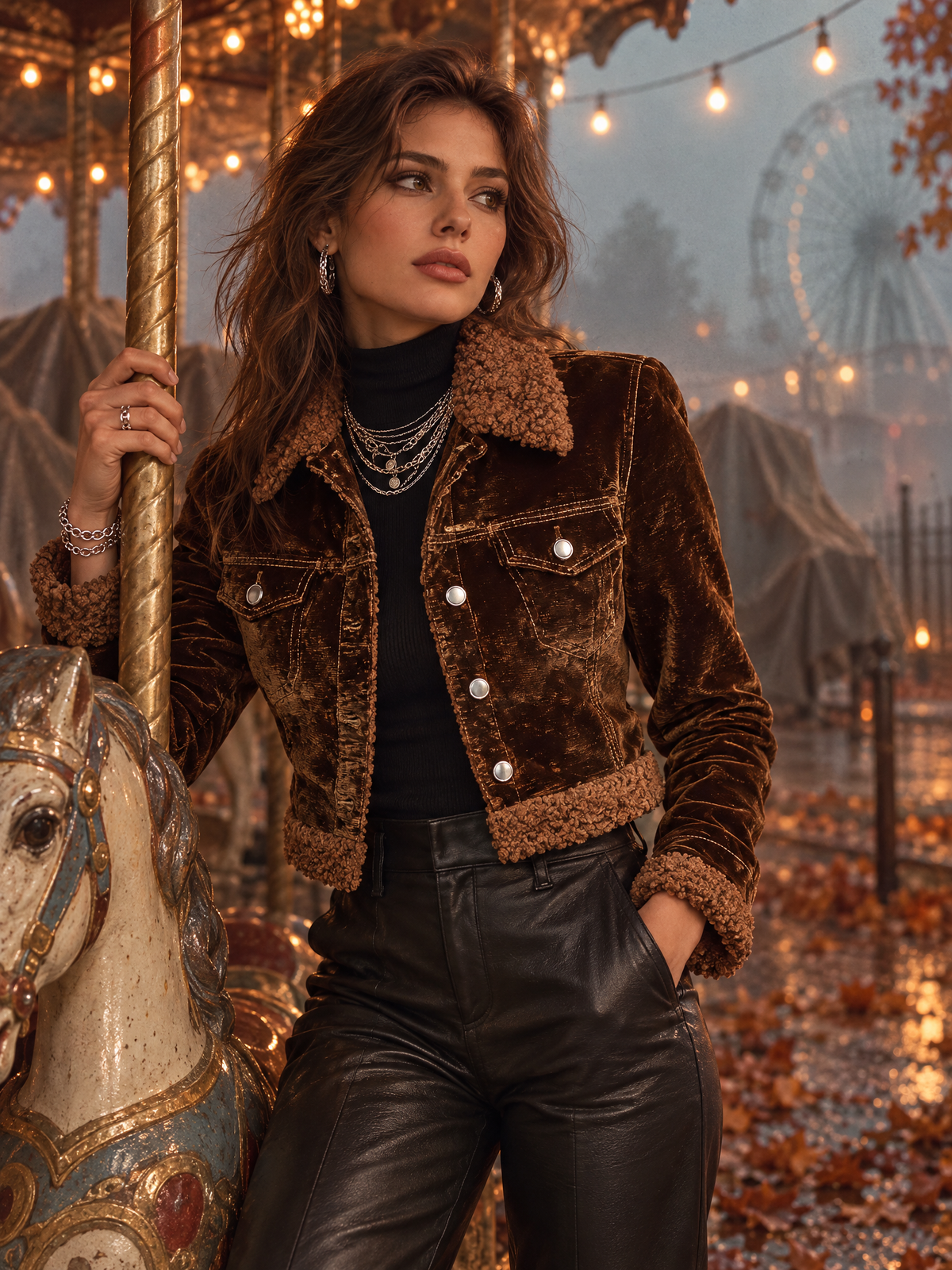 Brown Velvet Cropped Jacket with Fleece Trim Collar