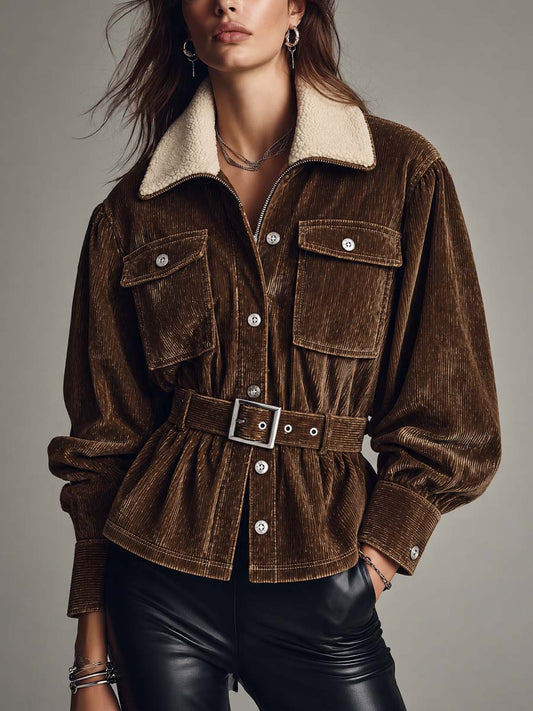 Women's Brown Corduroy Belted Jacket with Sherpa Collar