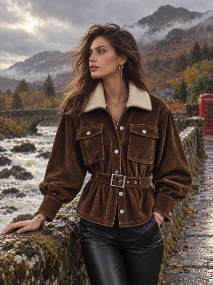 Women's Brown Corduroy Belted Jacket with Sherpa Collar