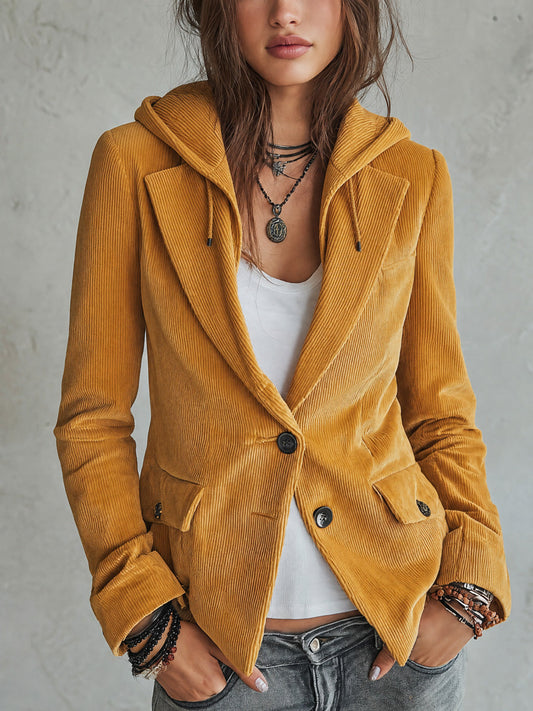 Vintage Mustard Corduroy Hooded Blazer Jacket