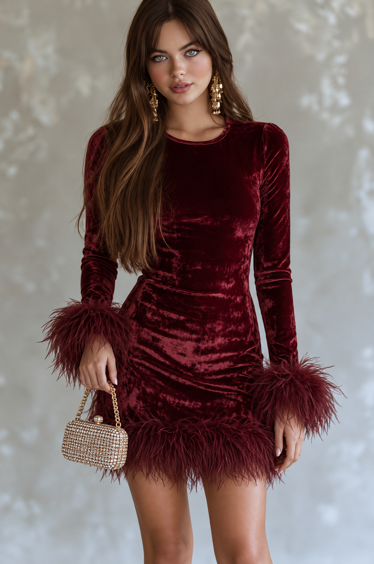 Retro Elegant Burgundy Velvet Long Sleeve Feather Trim Mini Dress