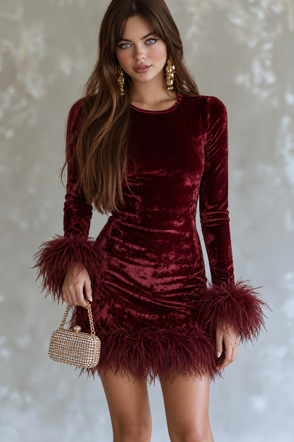 Retro Elegant Burgundy Velvet Long Sleeve Feather Trim Mini Dress